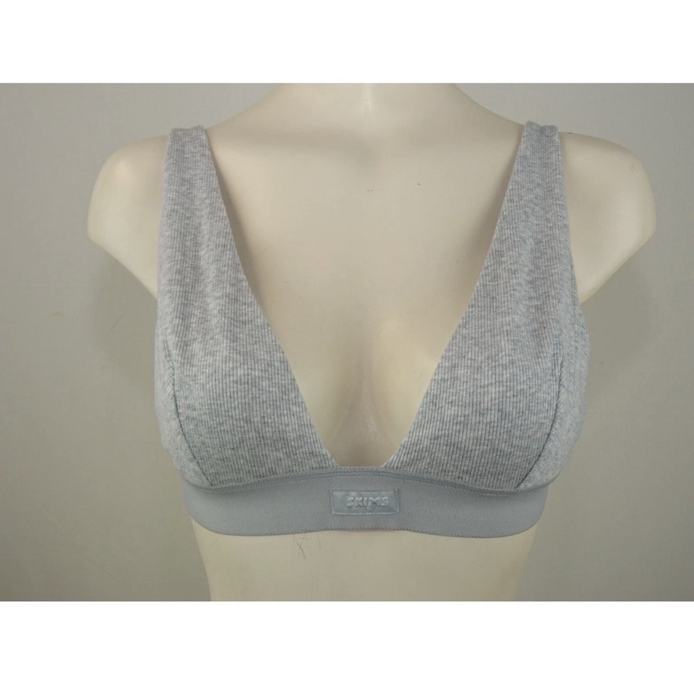 Skims Women Cotton Rib Plunge Bralette Heather Gray wireless Bra Small Comfort